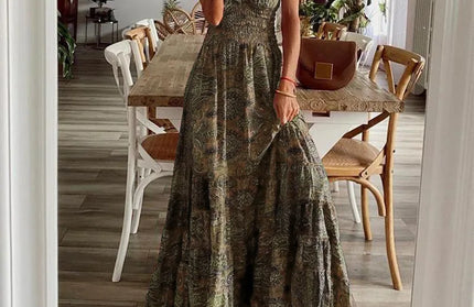 Women's Summer New Ethnic Style Printed Dress  Short-sleeved Waist Dress