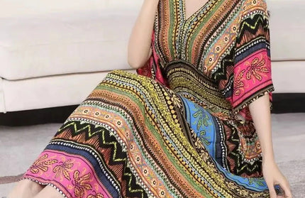 Colorful Flower V-neck Elastic Youthful Bohemian Sweet Dress