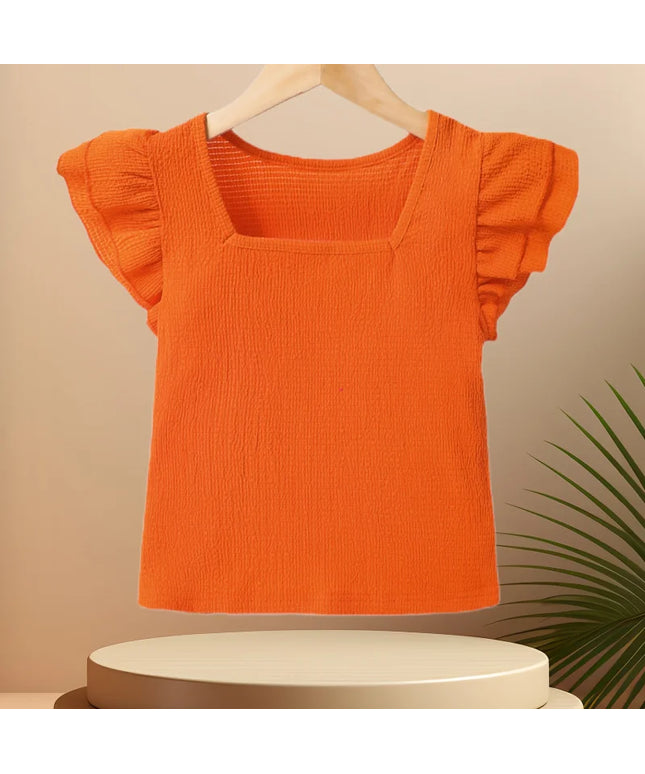 Girls Orange Square Collar Lace Sleeve T-Shirt
