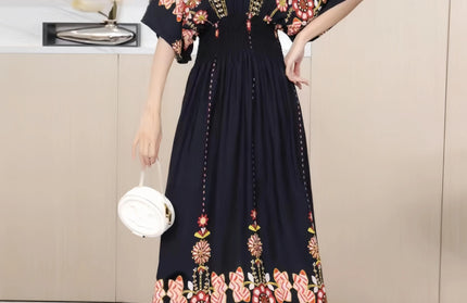 Colorful Flower V-neck Elastic Youthful Bohemian Sweet Dress