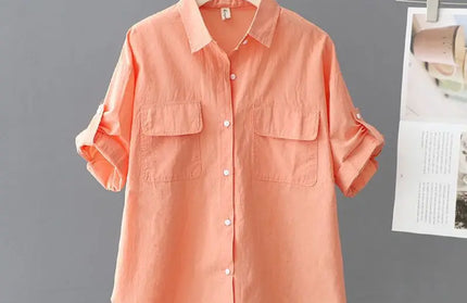 Turn-down Neck Pink Solid Short Sleeved