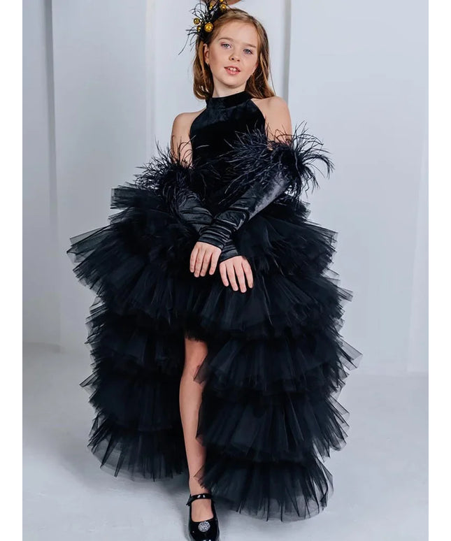 High Neck Halter Feather Sleeves