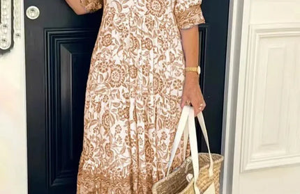 Summer Women New Fashion V-neck Short Sleeve Midi Dress