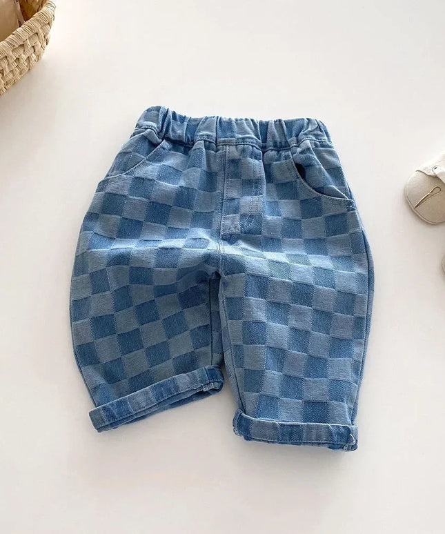 Plaid Denim Pants Loose Style