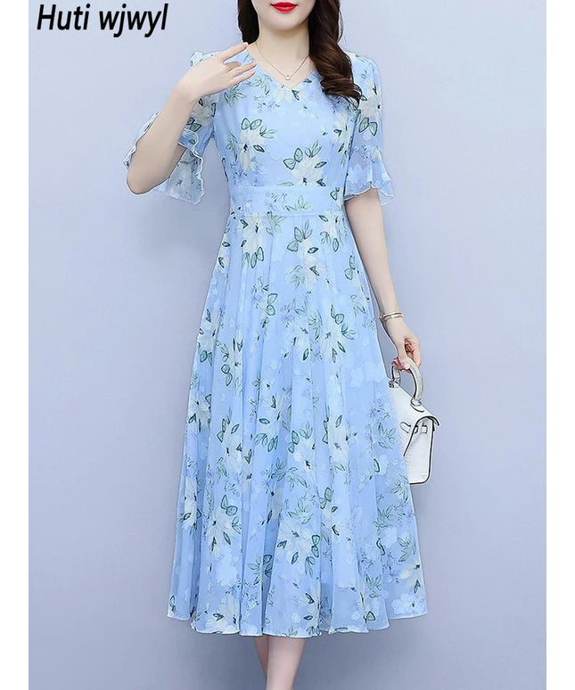 Summer Casual Boho Floral Chiffon Beach Long V-Neck Dress