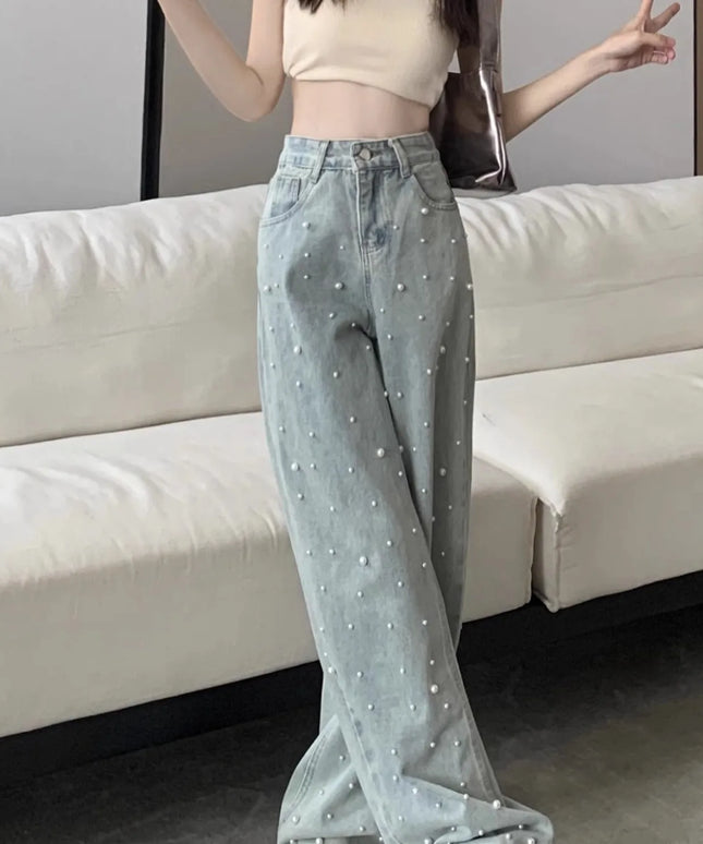 Blue Beaded Pearls Denim