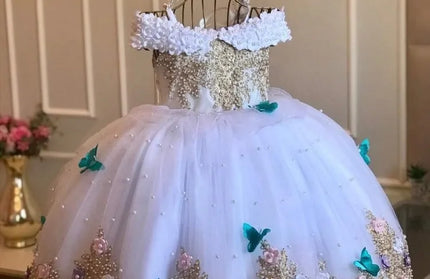 Off Shoulder Pearls Lace Butterflies