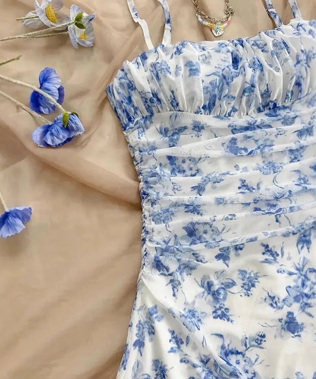 Summer Women Elegant Floral Mini Dress Fashion Fold High Waisted Slim A-Line
