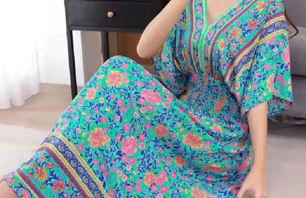 Colorful Flower V-neck Elastic Youthful Bohemian Sweet Dress