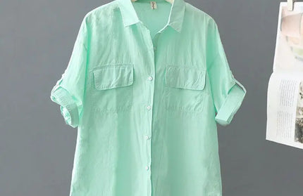 Turn-down Neck Pink Solid Short Sleeved