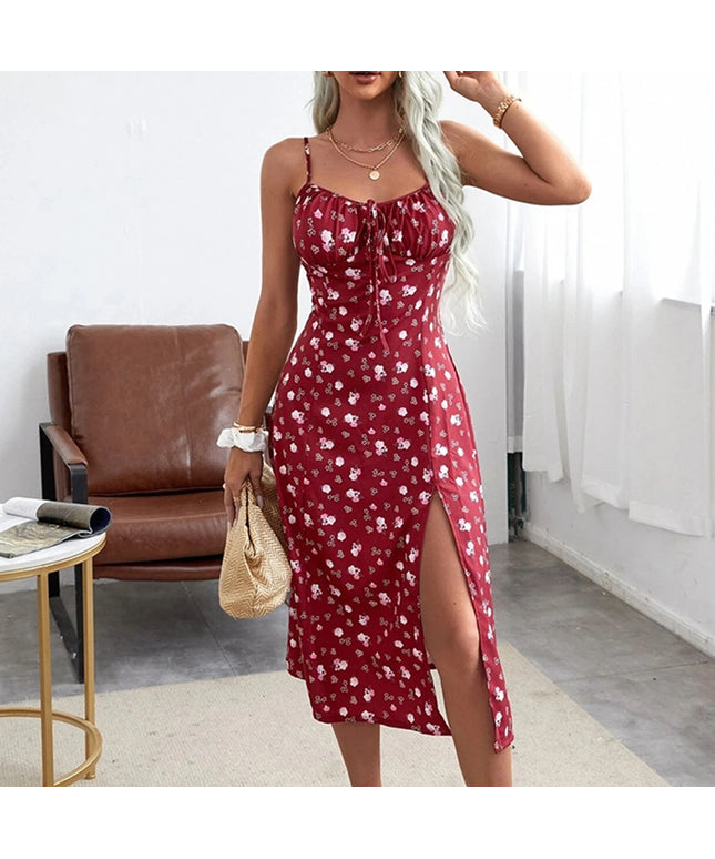 Summer Women Flower Print Spaghetti Strap Sleeveless  with High Slit