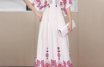 Colorful Flower V-neck Elastic Youthful Bohemian Sweet Dress