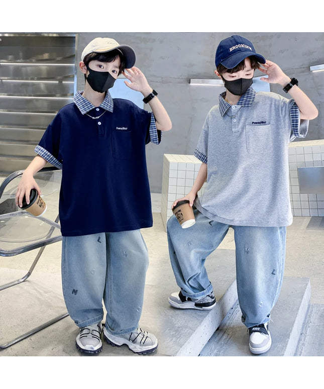 Short-Sleeve Polo Shirt Top+ Denim Pants