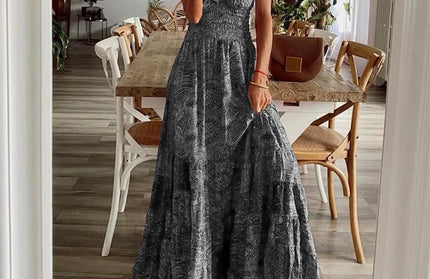 Women's Summer New Ethnic Style Printed Dress  Short-sleeved Waist Dress