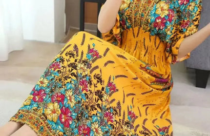 Colorful Flower V-neck Elastic Youthful Bohemian Sweet Dress