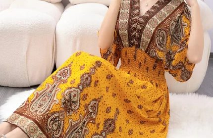 Colorful Flower V-neck Elastic Youthful Bohemian Sweet Dress
