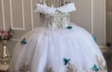 Off Shoulder Pearls Lace Butterflies