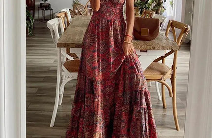 Women's Summer New Ethnic Style Printed Dress  Short-sleeved Waist Dress