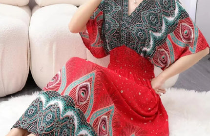 Colorful Flower V-neck Elastic Youthful Bohemian Sweet Dress