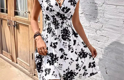 Floral Printed  Midi Dresses For Women Casual Loose V-Neck Short sleeve
