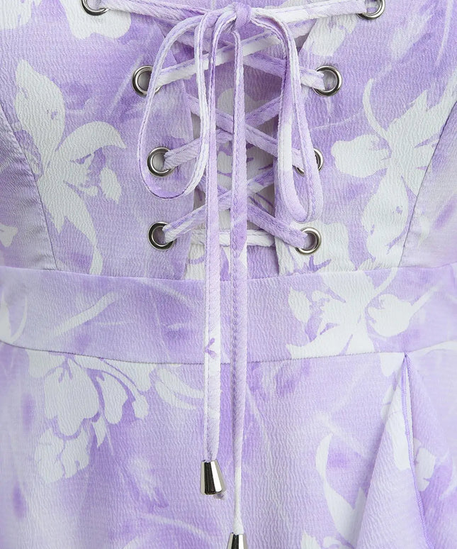 Dye Floral Print Ruffles Lace-Up