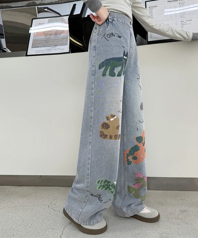 Cartoon Cat Printed Straight-Leg Denim