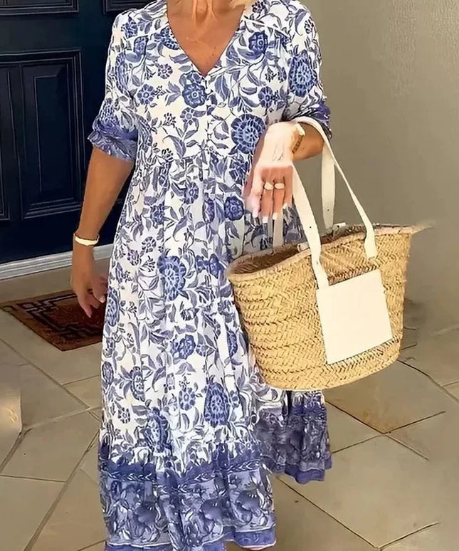 Summer Women New Fashion V-neck Short Sleeve Midi Dress