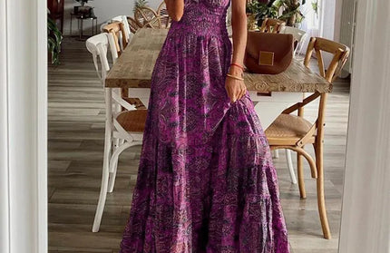 Women's Summer New Ethnic Style Printed Dress  Short-sleeved Waist Dress
