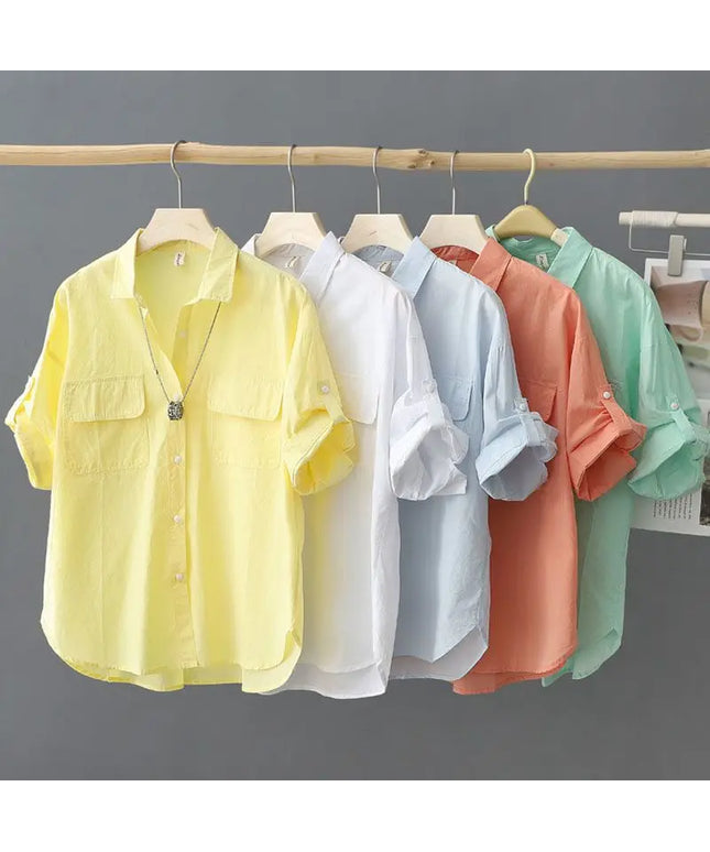 Turn-down Neck Pink Solid Short Sleeved